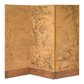 Paravent à 3 panneaux avec tapisserie à décor de scènes de paysages