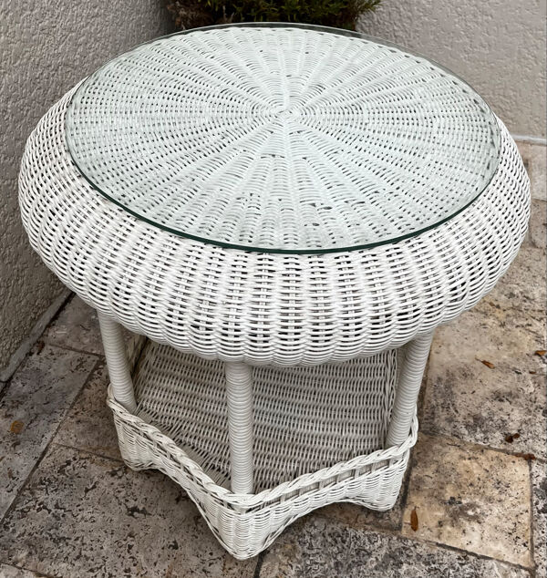 Table guéridon rotin blanc vintage