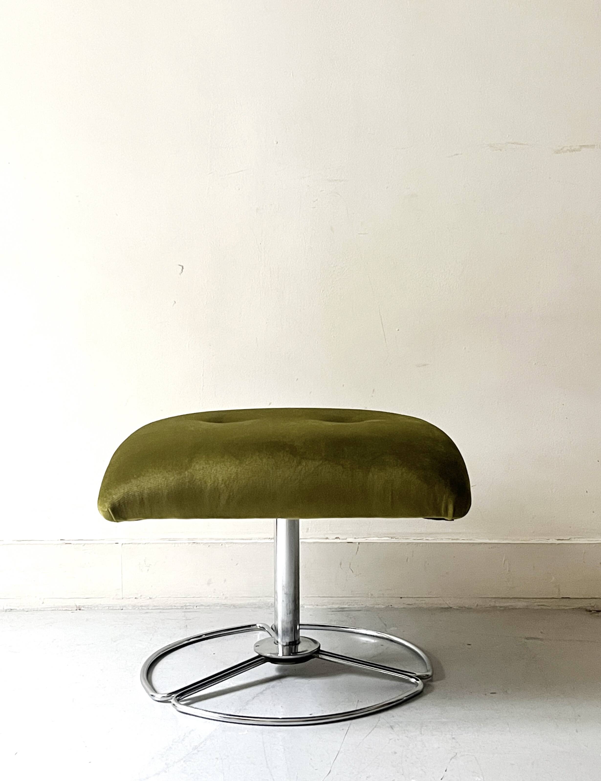 Swivel tulip stool / footrest in khaki green velvet, 1970s design