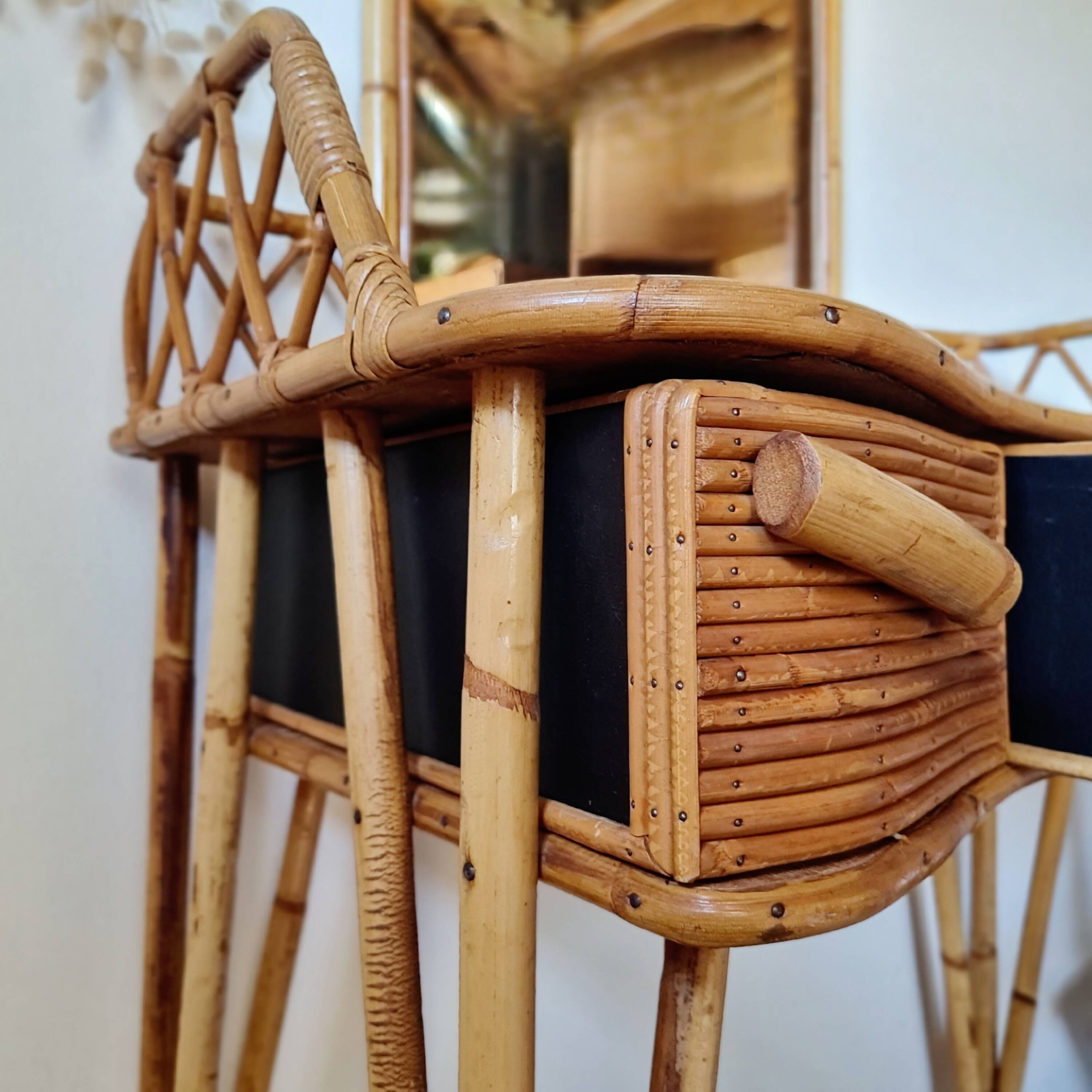 Vintage Rattan and Bamboo Hairdresser with Mirror – 1960s