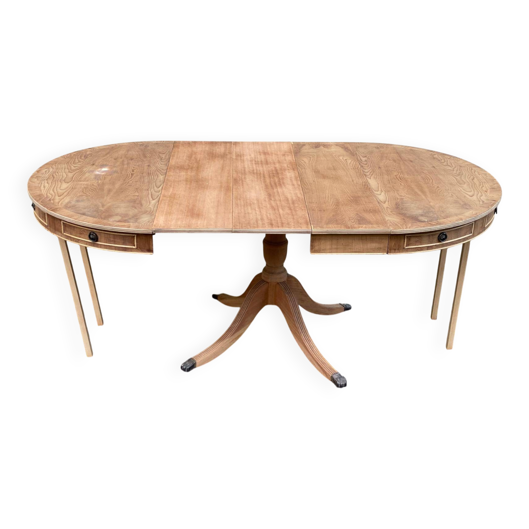 Round extendable dining table Regency central leg stripped mahogany 1960