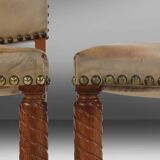 Art Deco Dining Room Chairs in Oak and Leather, 1940s, Set of 8