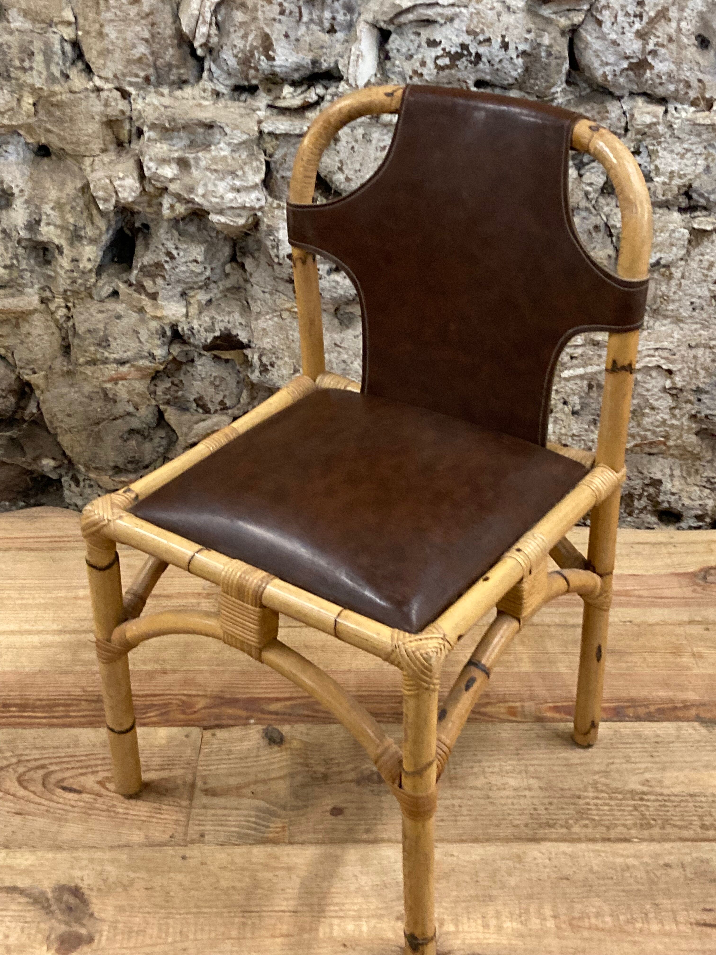 Vintage chair in rattan and bamboo and brown leather