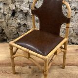 Vintage chair in rattan and bamboo and brown leather