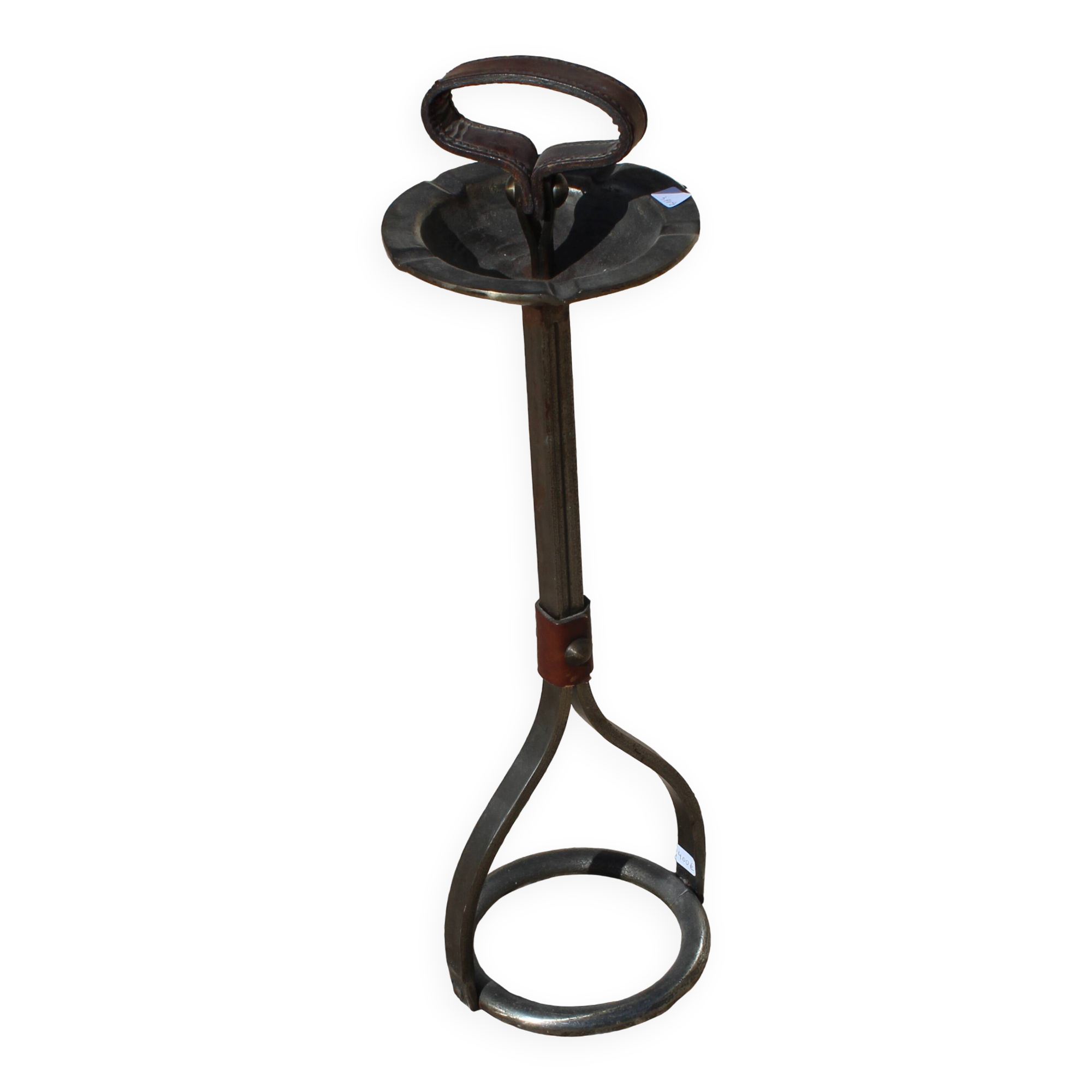 Cendrier sur pied en fer et cuir par Jean-Pierre Ryckaert, années 50