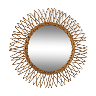 Miroir soleil rotin 1970