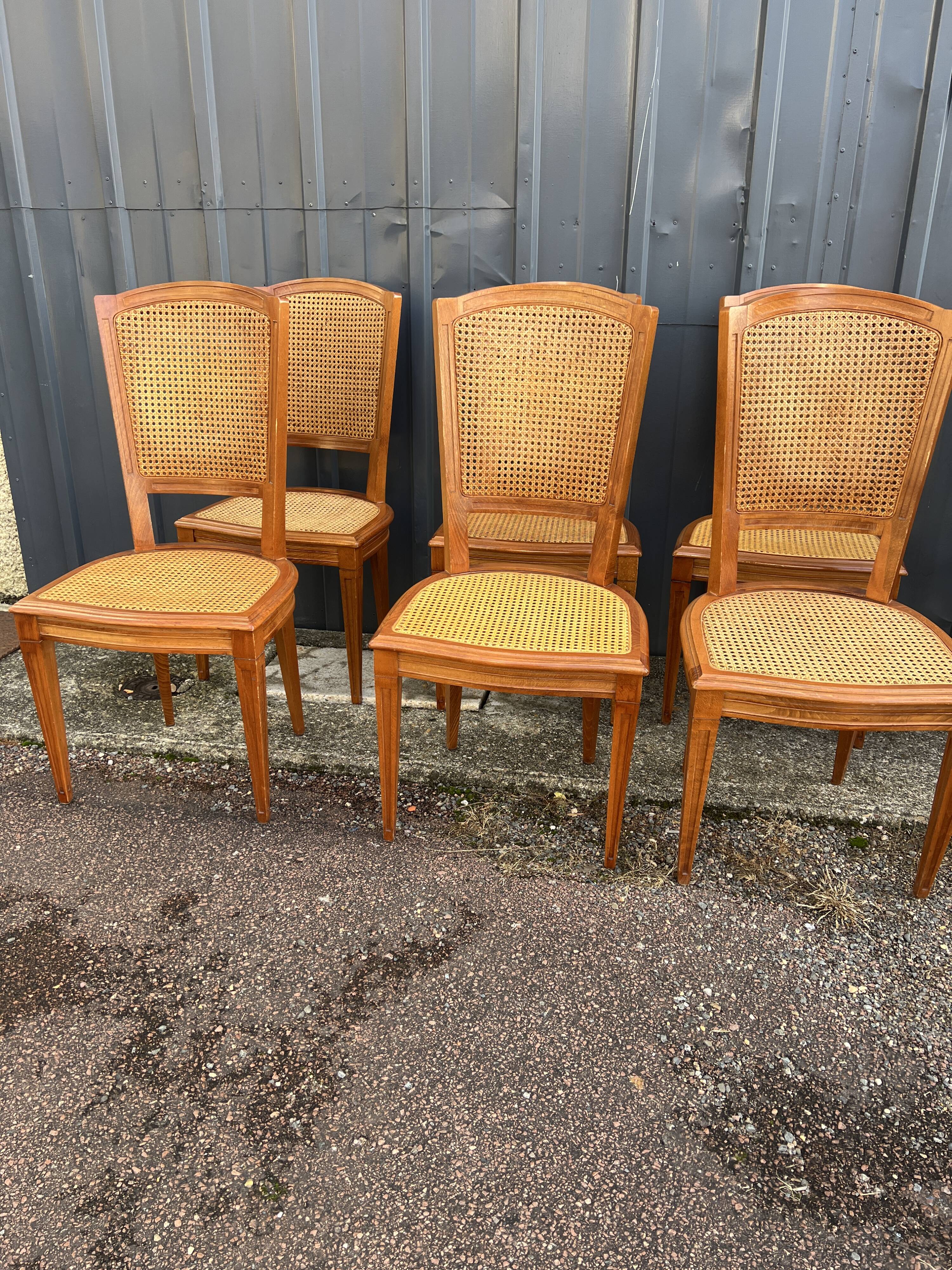 Six Art Deco chairs, 1960s, beech and cane