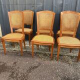 Six Art Deco chairs, 1960s, beech and cane