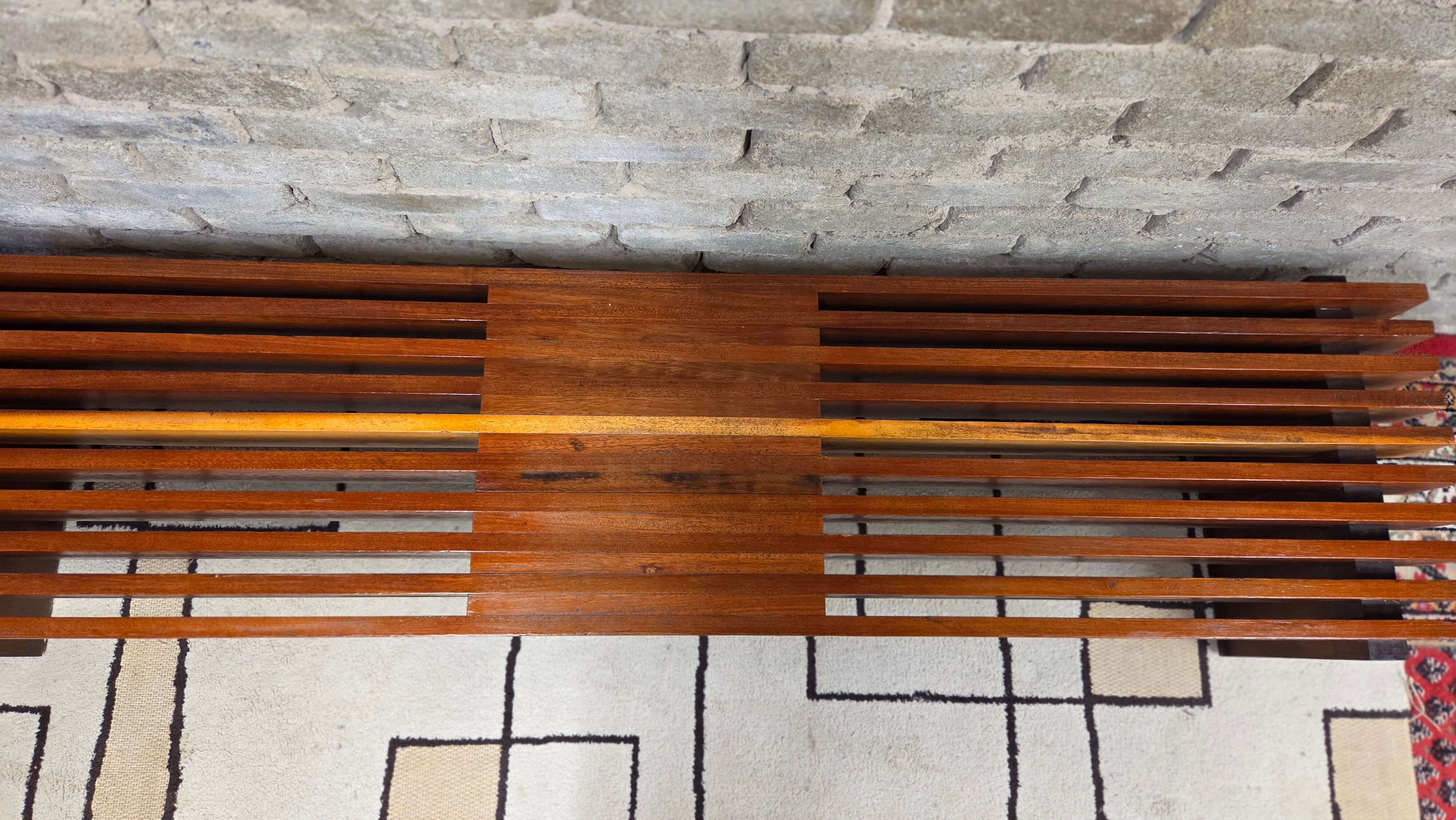 Vintage brutalist bench in solid teak with slats – 1970s
