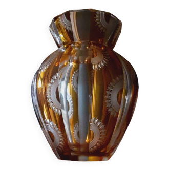 Faceted Vase Chiseled in Amber Bohemian Crystal from the 50s/60s.