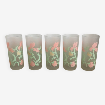5 verres à eau/orangeade en verre givré fleuri