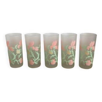 5 flowered frosted glass water/orangeade glasses