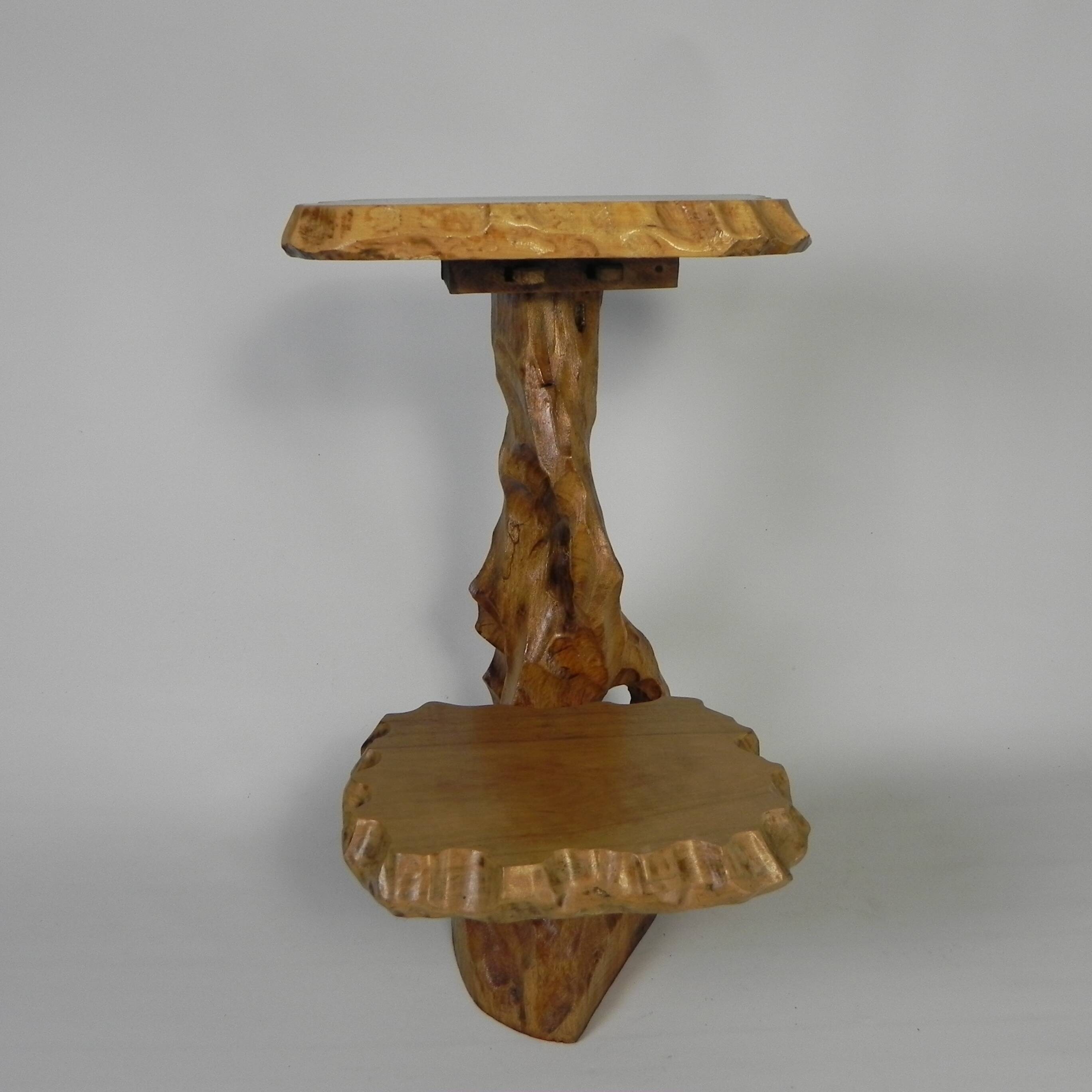 Plant table with 2 shelves, vintage wooden sculpture, USA 1950s