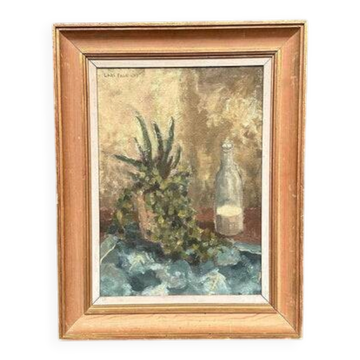 Huile sur panneau d'origine suédoise – « Nature morte avec bouteille en verre » par Lars Falk