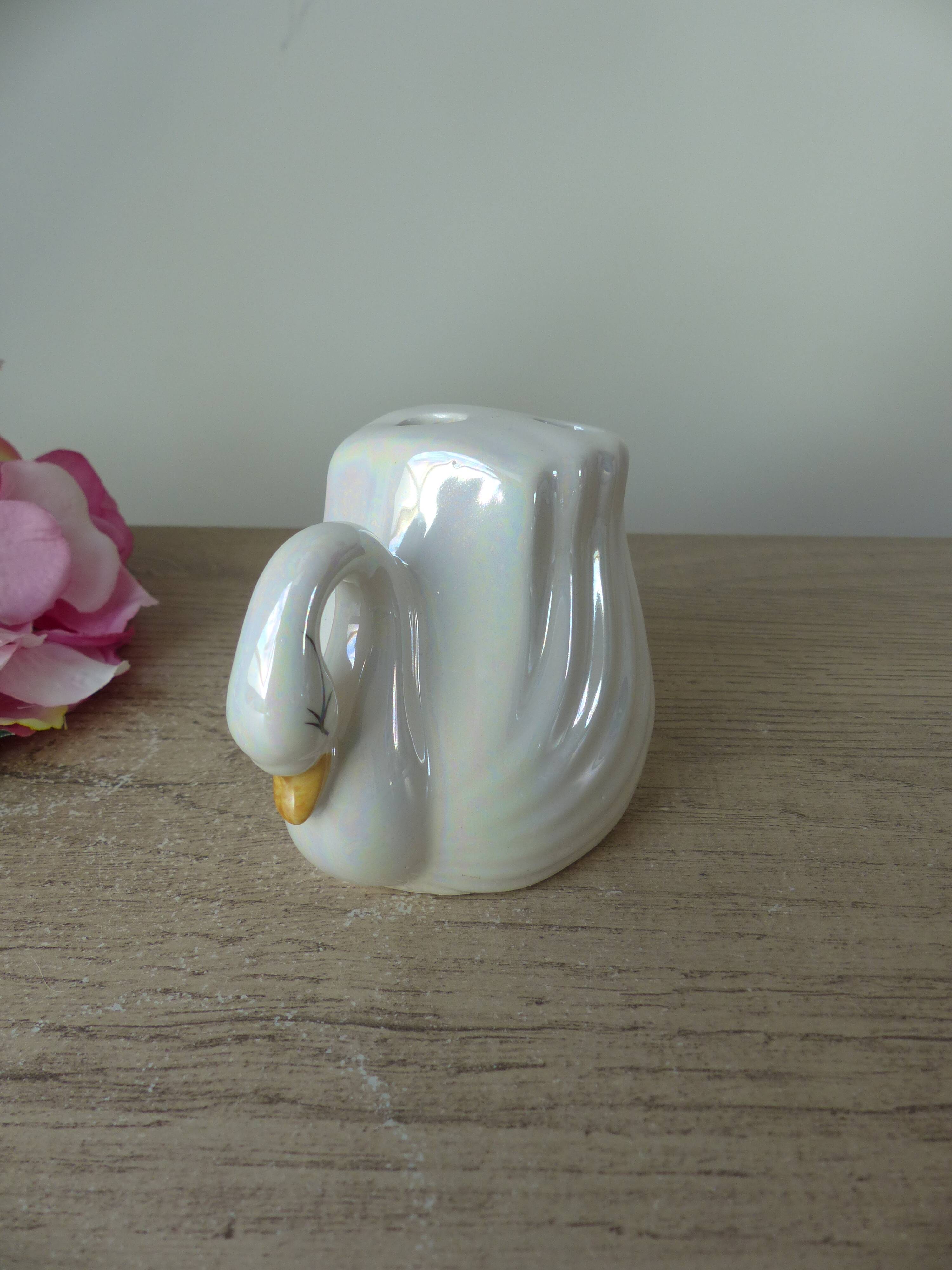 Iridescent White Ceramic Swan, Toothbrush Holder Swan, Bathroom Decoration Swan