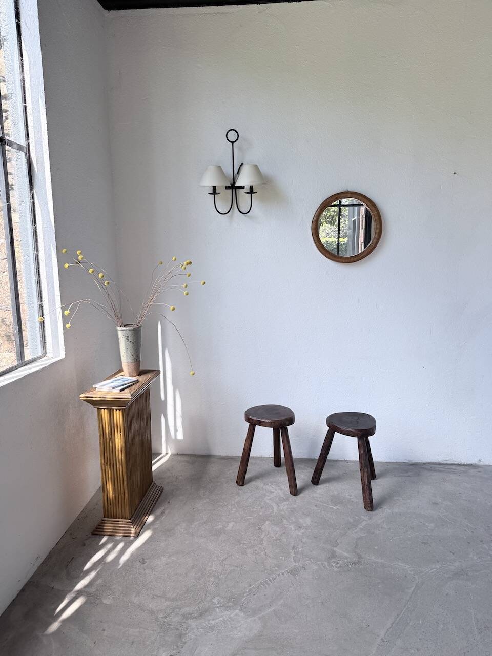 Pair of tripod stools in oak