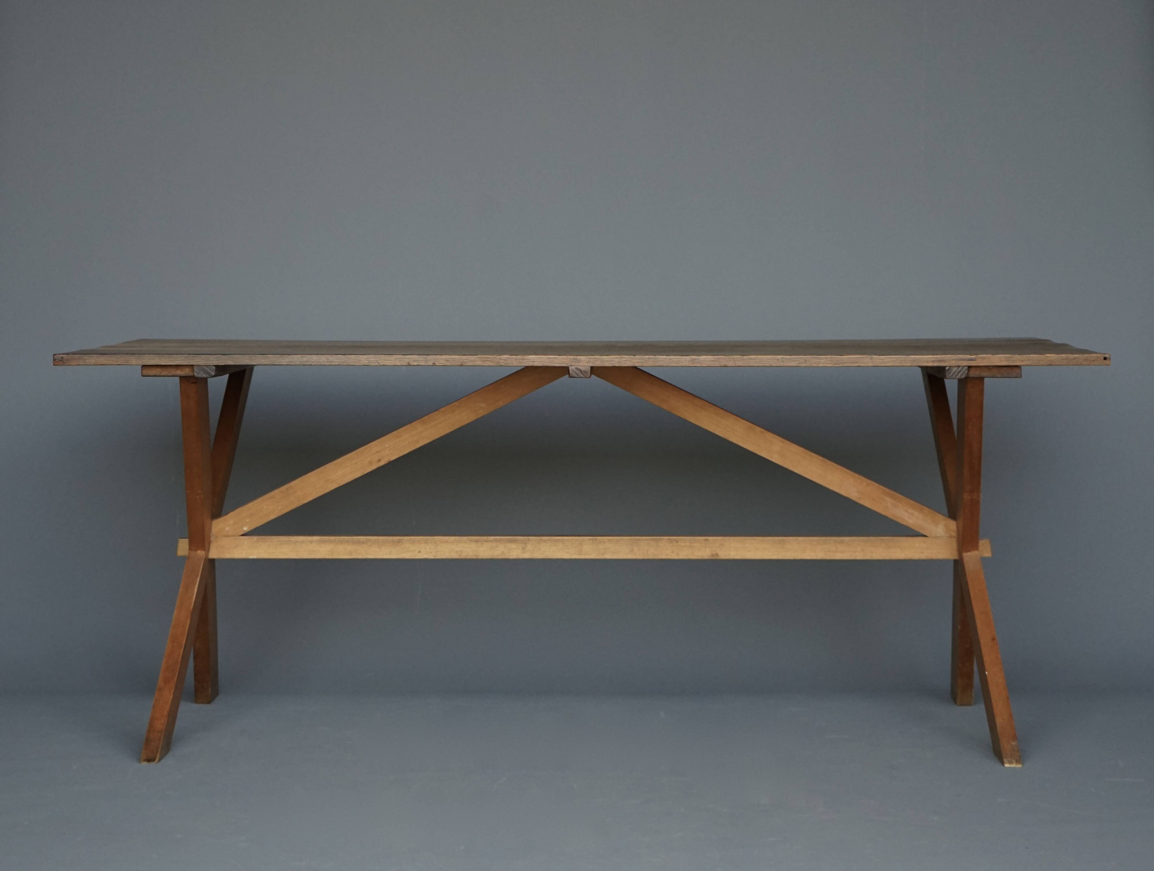Rustic wooden Farmhouse X-frame Dining Table. 1940s