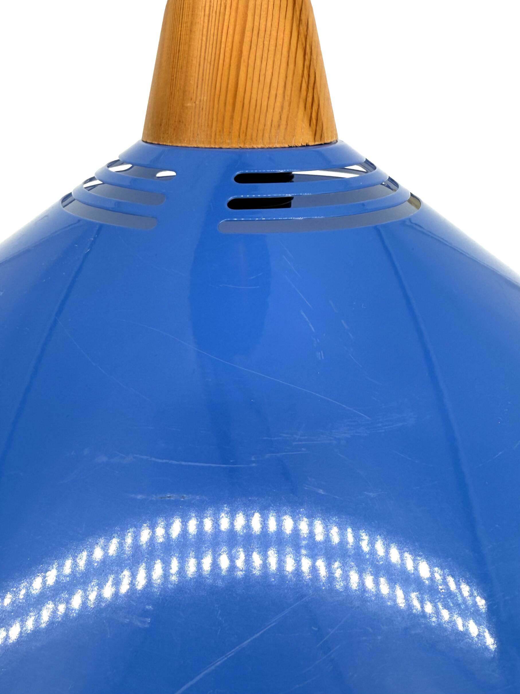 Vintage pendant light in blue metal and wood