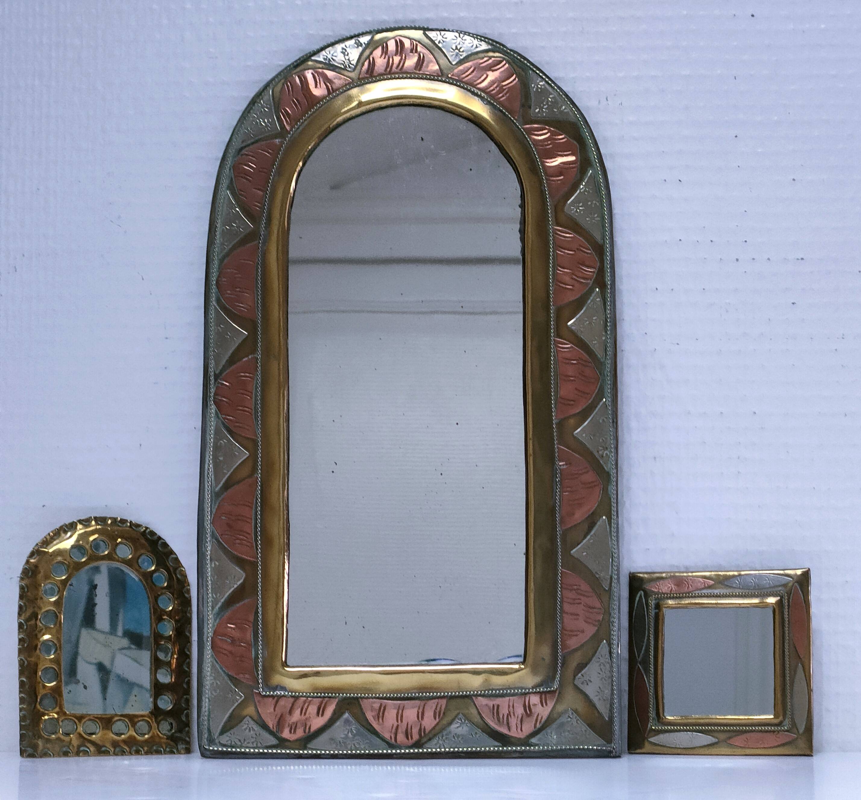 Three metal mirrors brass copper silver metal 80s