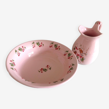 Ensemble broc et vasque de toilette en ceramique rose par Bouchter  / vintage années 60-70