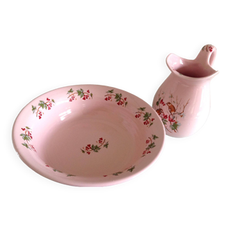 Ensemble broc et vasque de toilette en ceramique rose par Bouchter  / vintage années 60-70