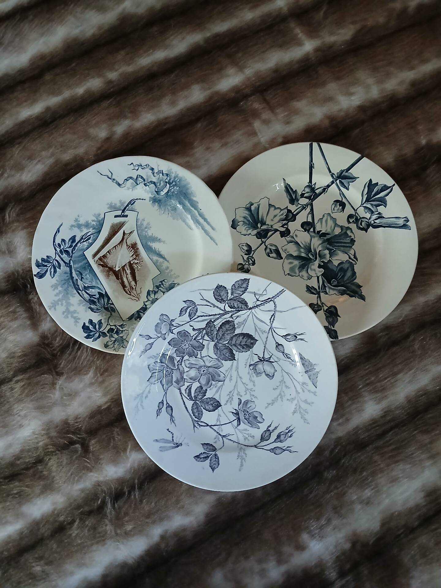 3 mismatched antique flat plates in ironstone