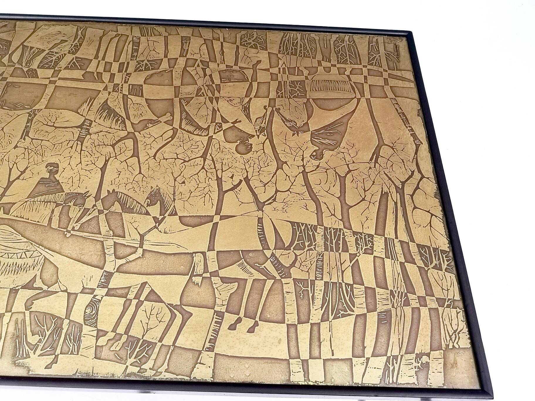 Rectangular Golden Brass and Black Varnished Metal Coffee Table by G.Urs