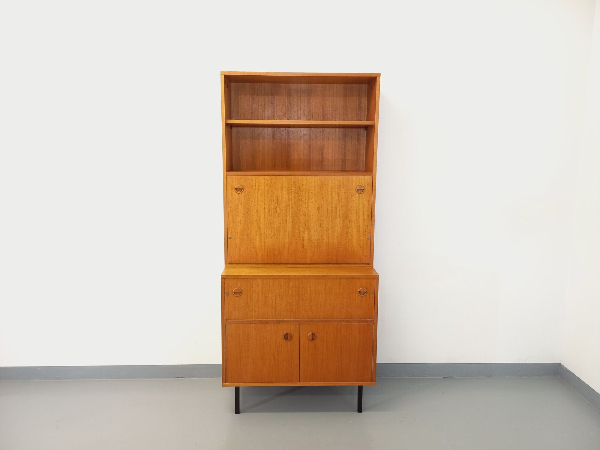 Bookcase cabinet vintage teak and metal storage secretary from the 60s