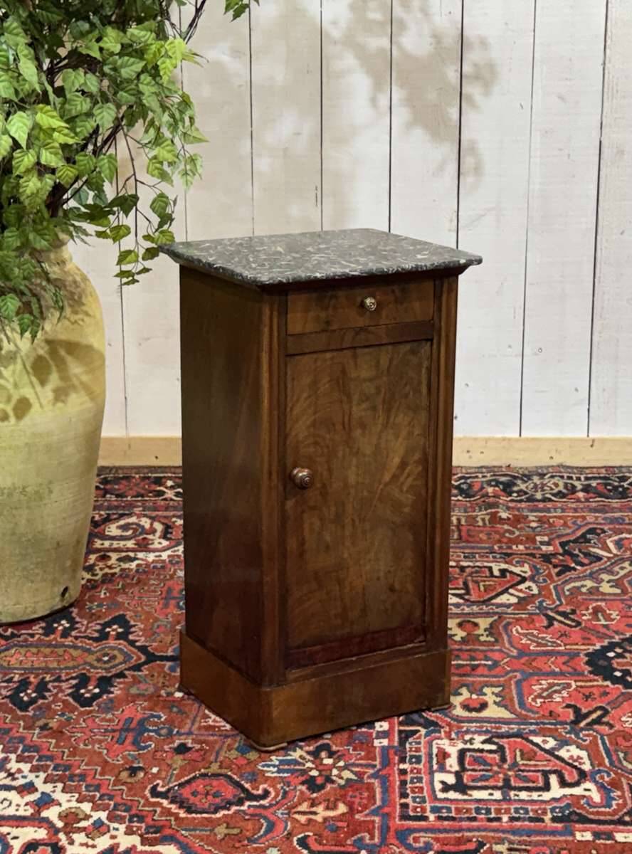 19th-century bedside table in mahogany with a grey marble top.