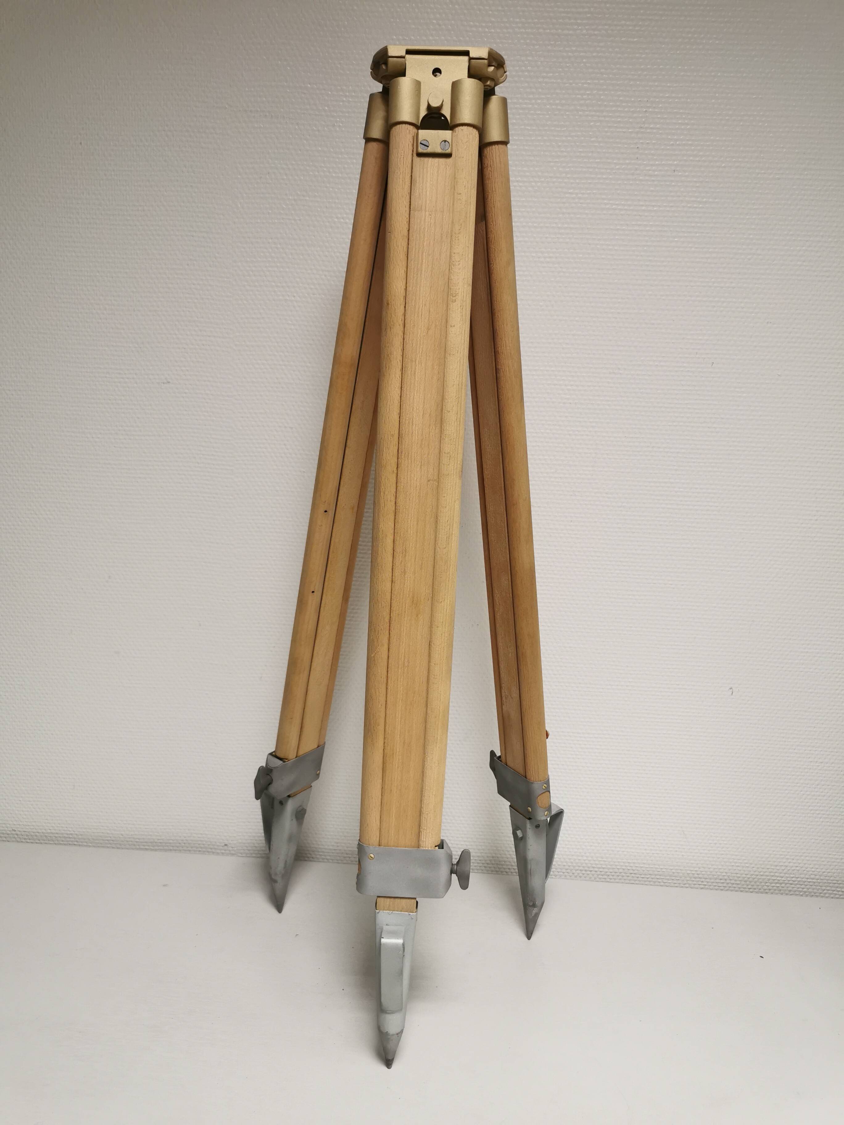 Raw / stripped wooden tripod, vintage industrial lamp base