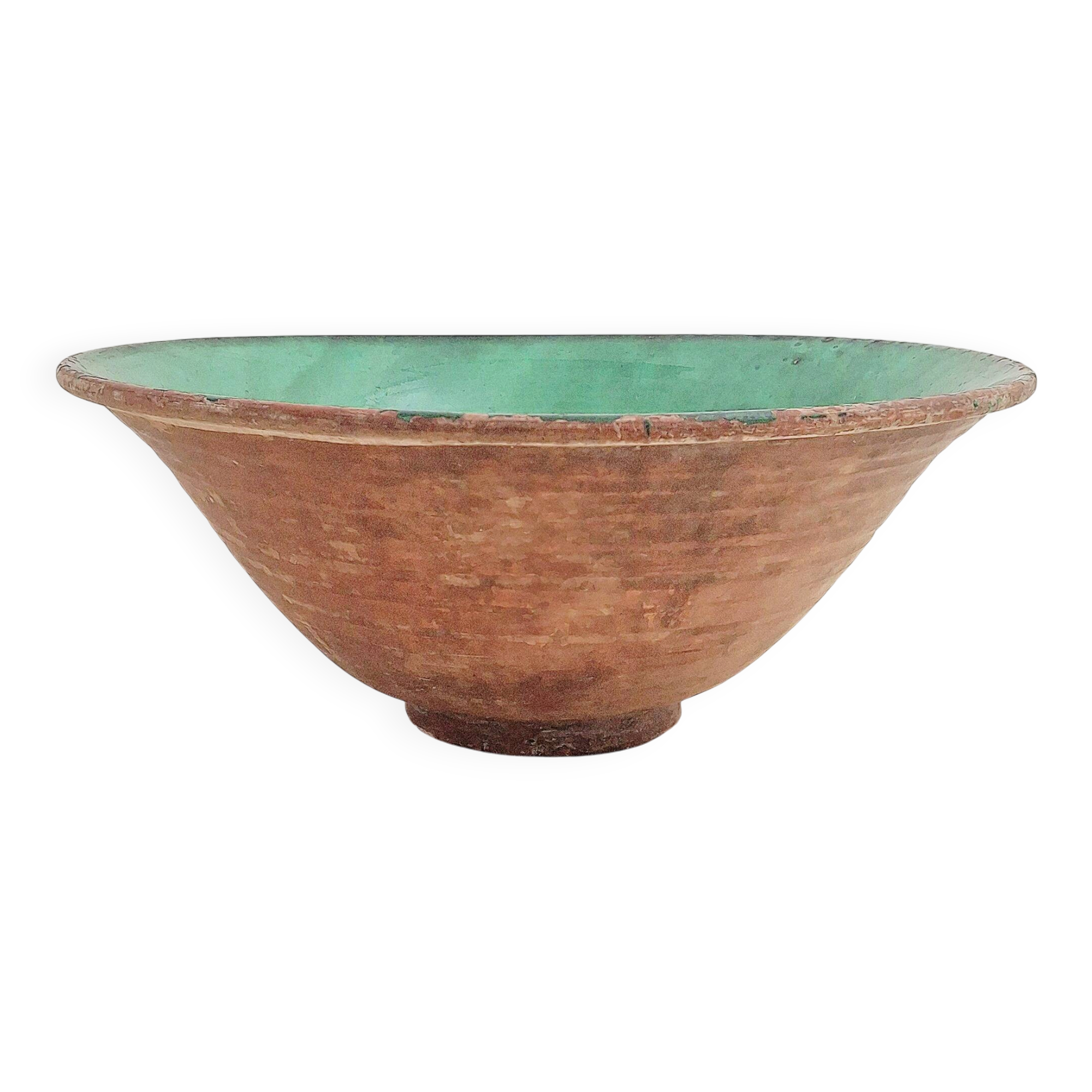19th century Antique Hand-Glazed Terracotta Conical Bowl in Emerald Gr