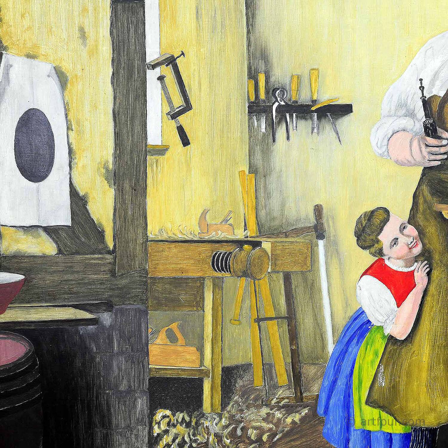 W. Melchinger - Scène folklorique bavaroise dans une menuiserie 1956