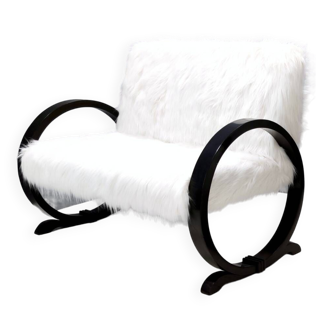 Vintage White Faux Fur Sofa with Black Wooden Frame, Italy