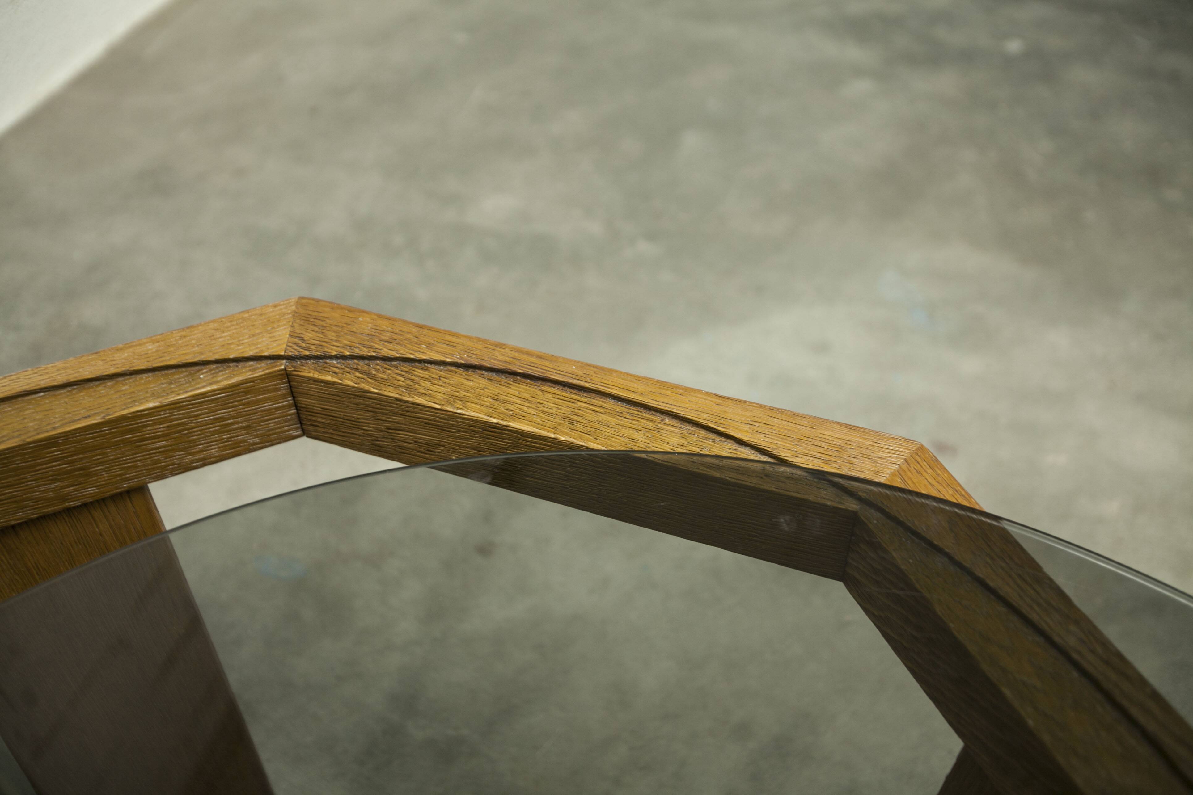 Unique hexagonal table 1977, smoked glass and oak, Swiss made.