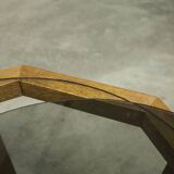 Unique hexagonal table 1977, smoked glass and oak, Swiss made.