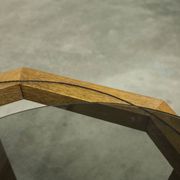 Unique hexagonal table 1977, smoked glass and oak, Swiss made.