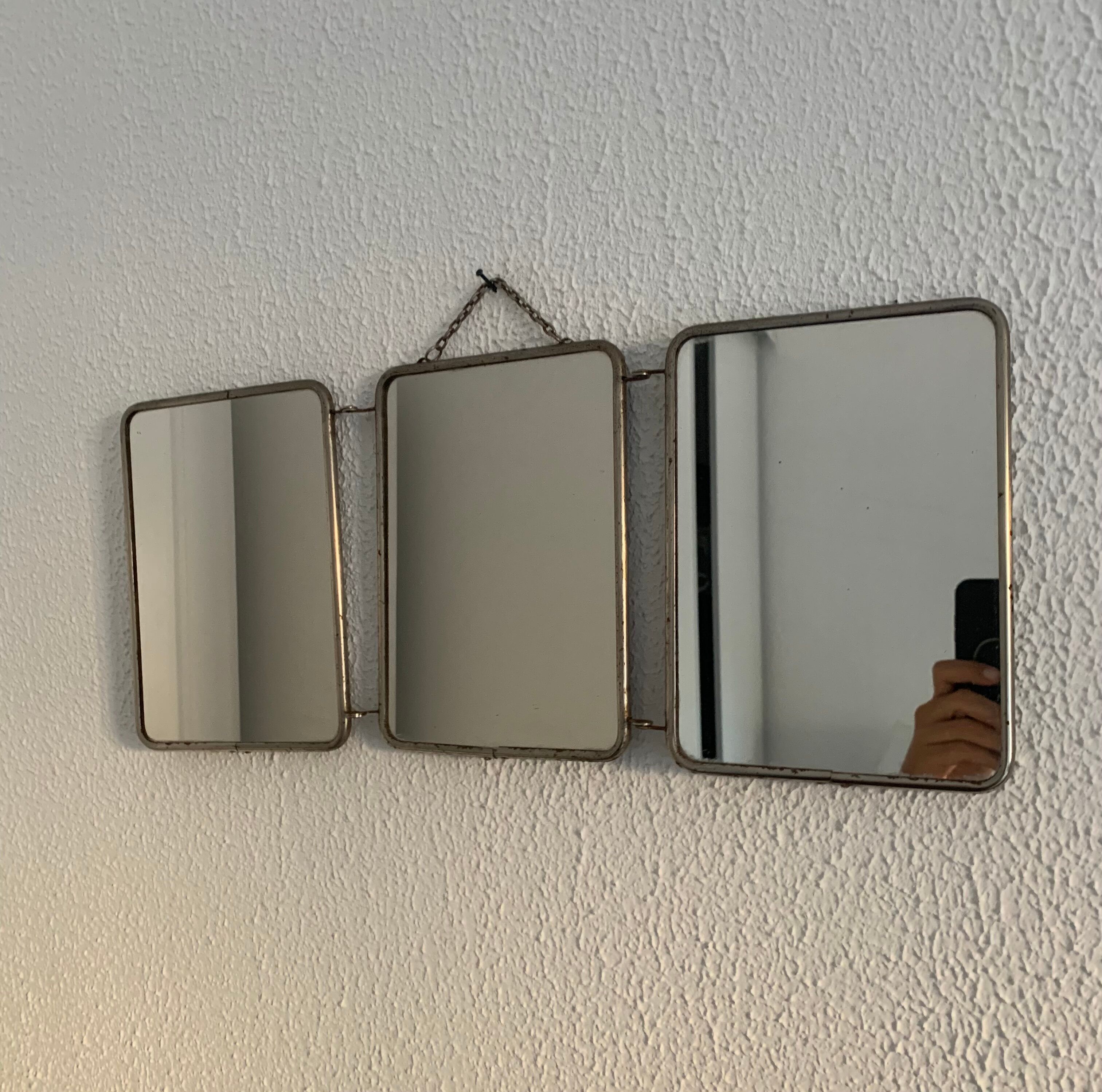 Vintage mirror 1960 triptych barber pink fabric - 21 x 49