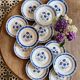 Set of 12 antique flat plates, blue flower decorations