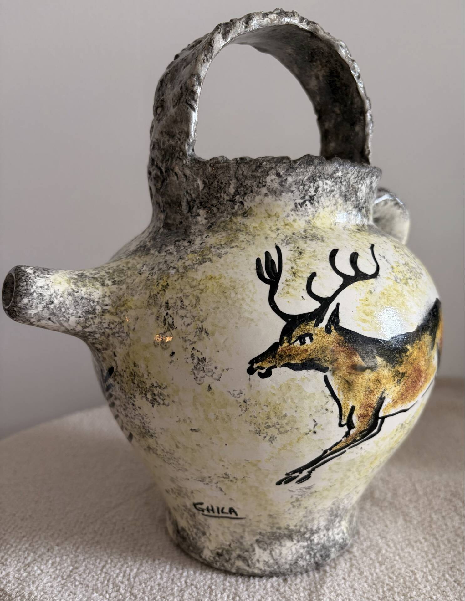 Vintage French Studio Ceramic Pitcher by Ghila – Lascaux Cave Art Styl