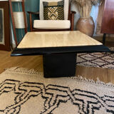 Coffee table in lacquered wood and vintage travertine