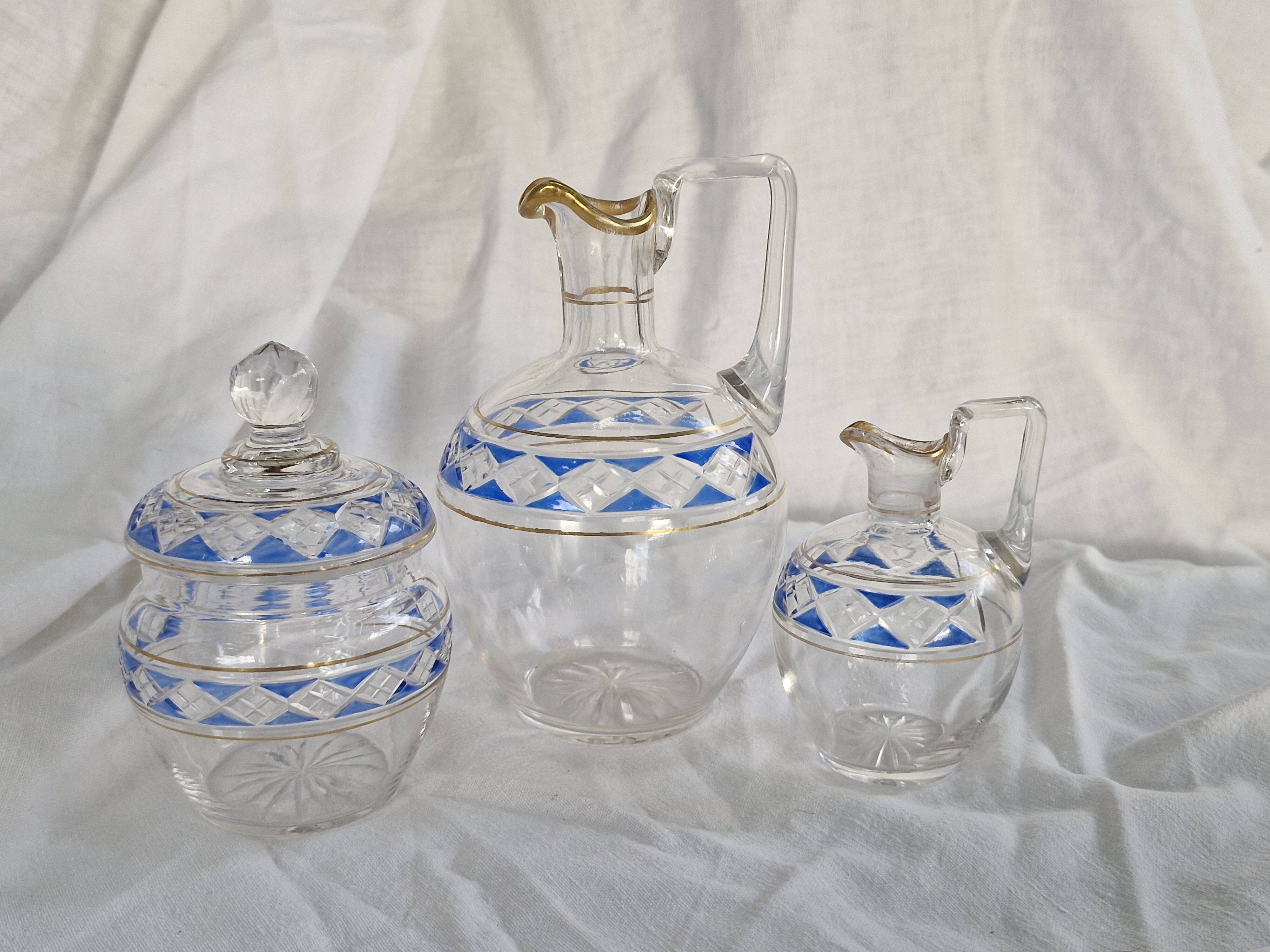 3 Antique Pieces Cut Crystal, Enameled - Early 20th Century