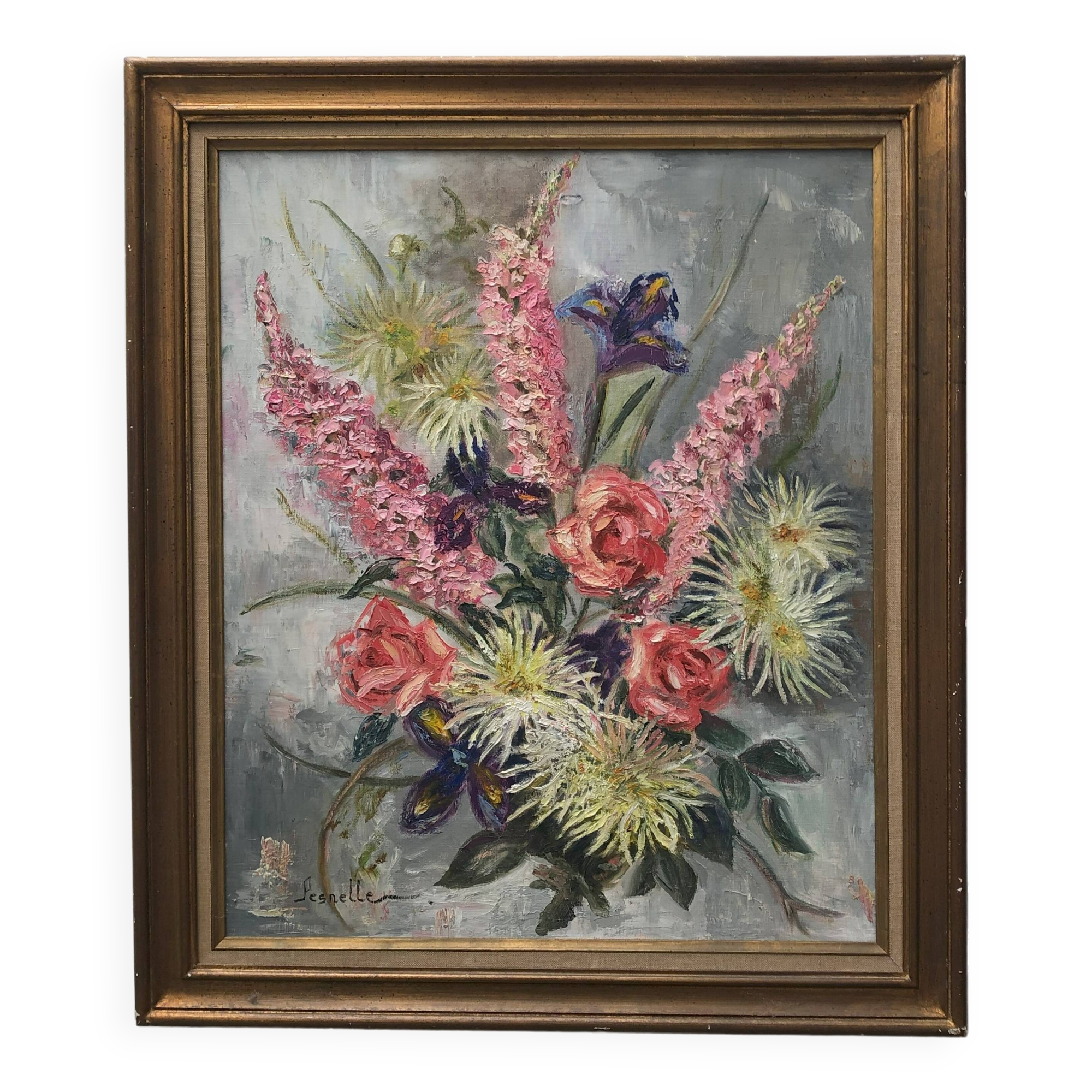 Old painting bouquet of pink flowers, iris, lupine, dahlia
