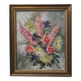 Old painting bouquet of pink flowers, iris, lupine, dahlia