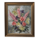 Old painting bouquet of pink flowers, iris, lupine, dahlia