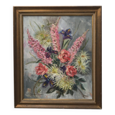 Old painting bouquet of pink flowers, iris, lupine, dahlia