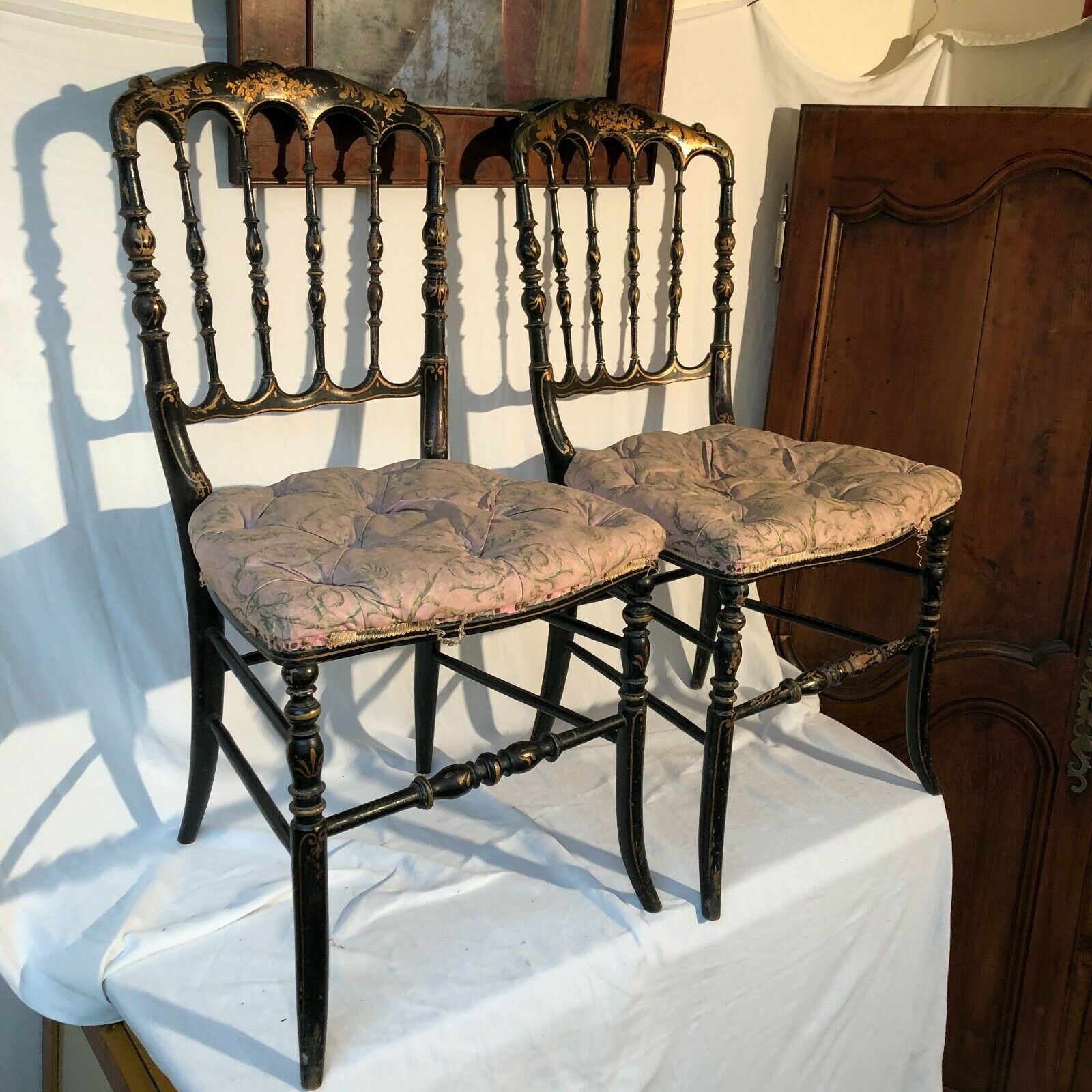 Pair of black laqué wooden chairs napoleon III era