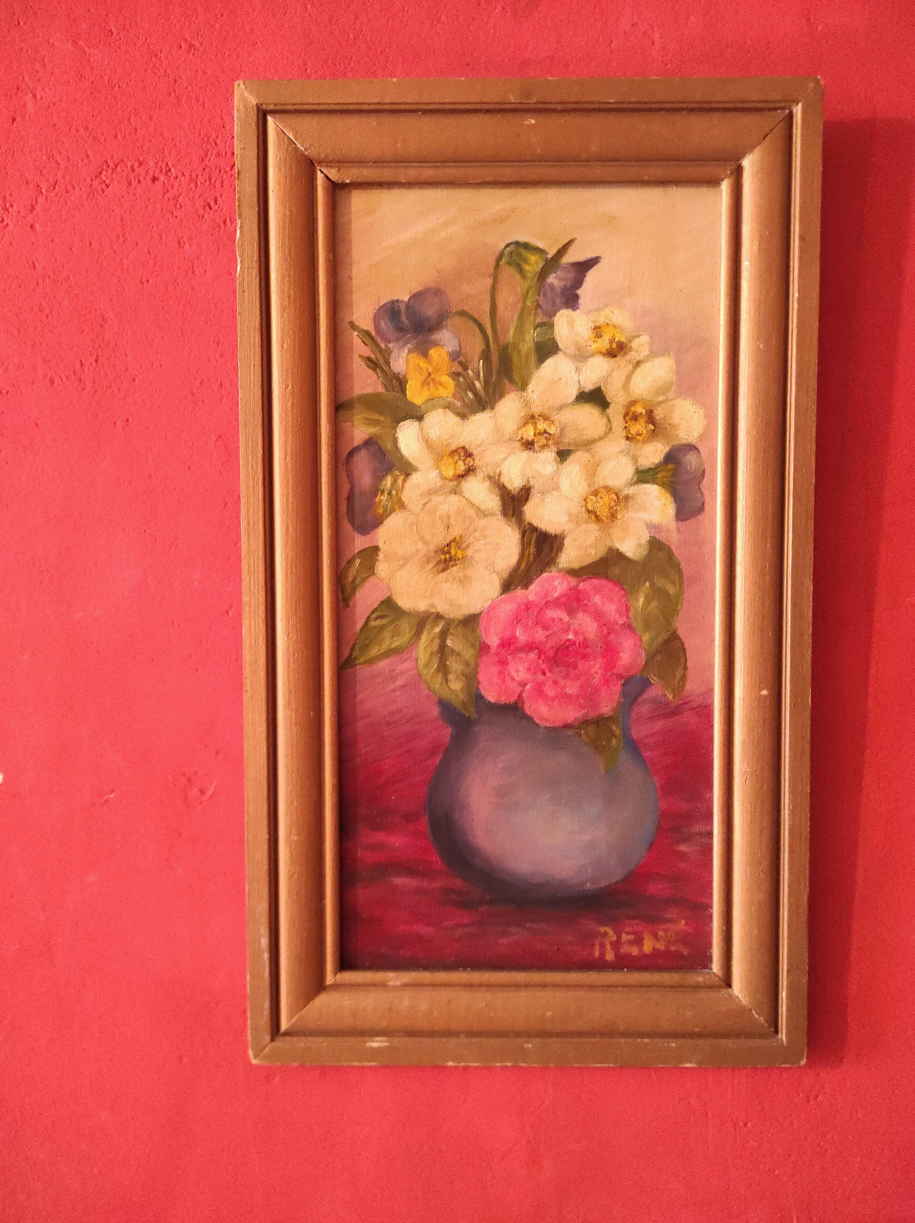 Vintage French oil painting of flowers, signed René