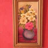 Peinture à l'huile fleurs vintage, France signée René