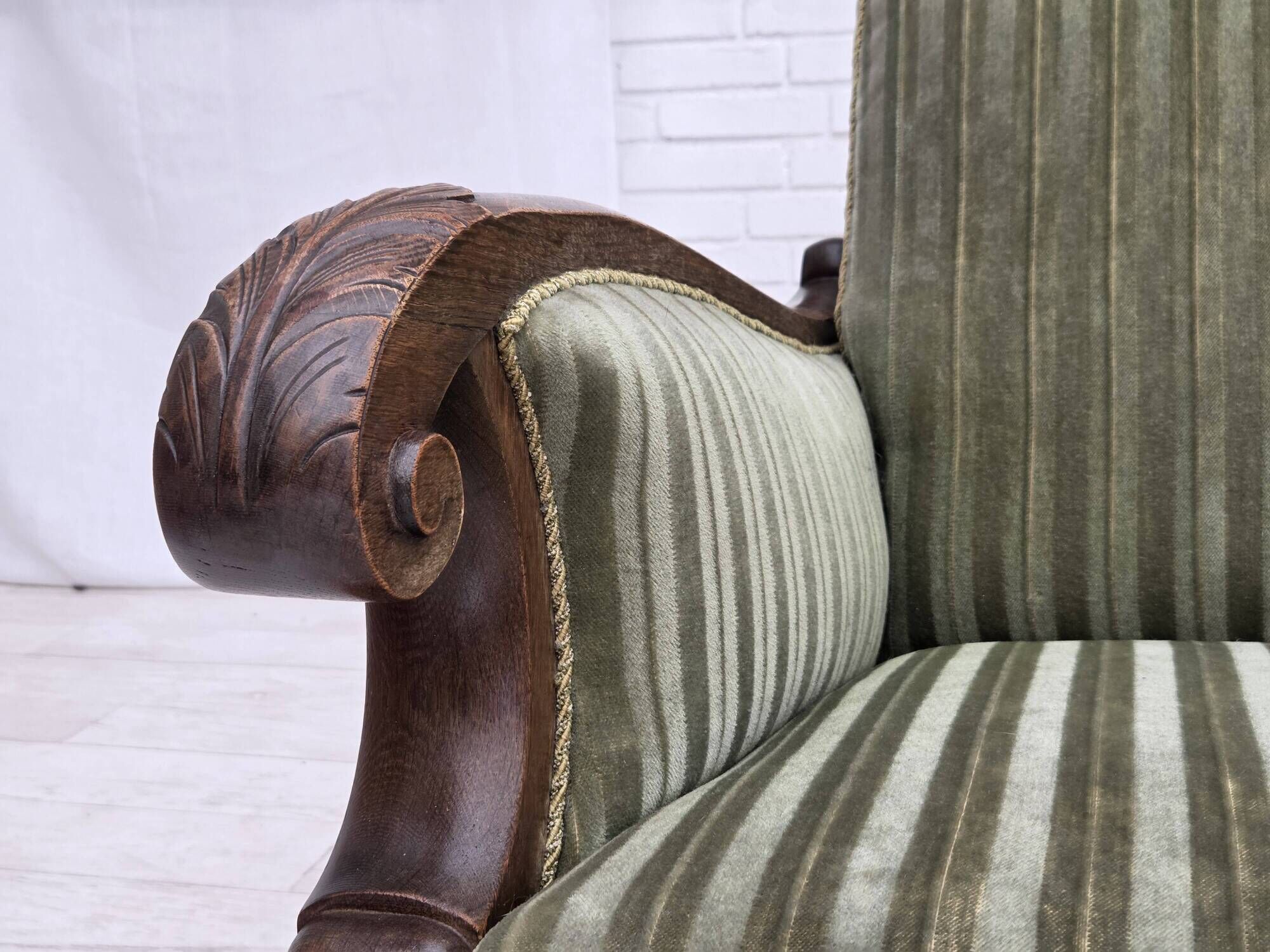 1950s, Danish relax armchair, green furniture velour, carved oak wood.
