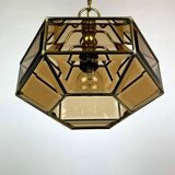 Vintage hexagonal diamond-cut crystal chandelier in gilded brass, Italy, 1960s.